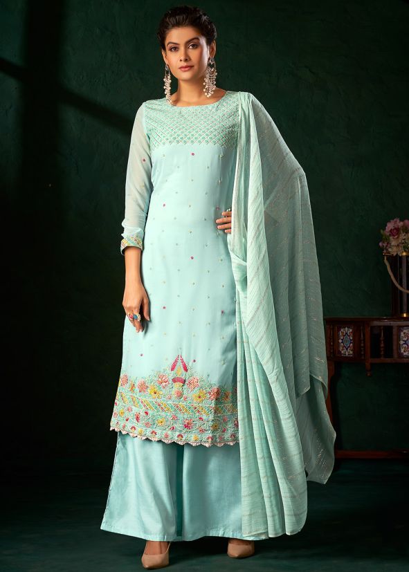 Blue Thread Embroidered Palazzo Suit