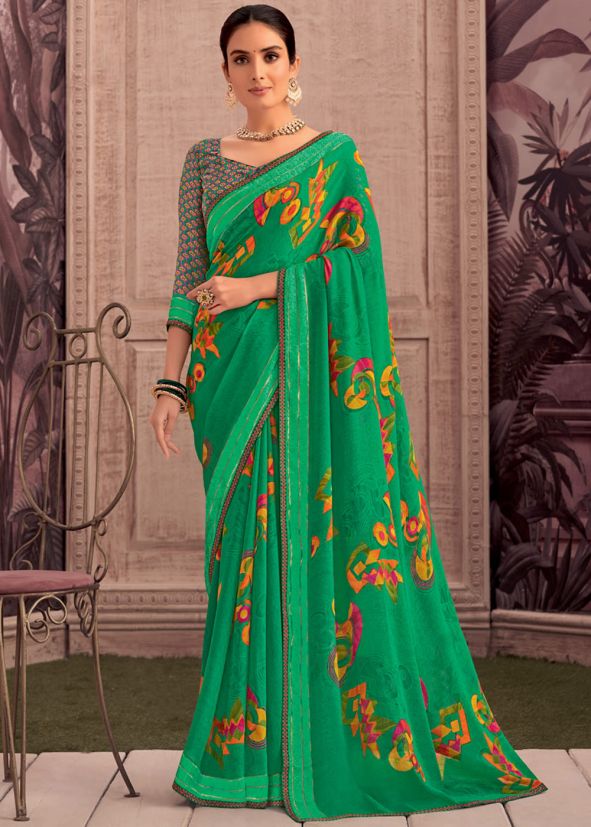 Green Printed Saree In Georgette