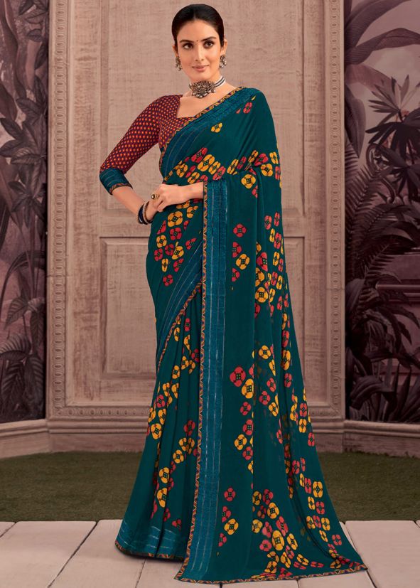 Teal Blue Georgette Printed Saree