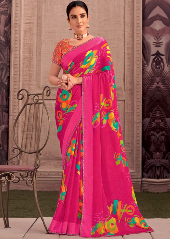 Pink Georgette Printed Saree & Blouse
