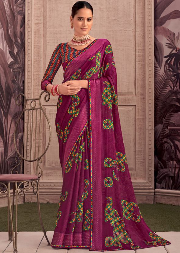 Magenta Printed Saree With Blouse