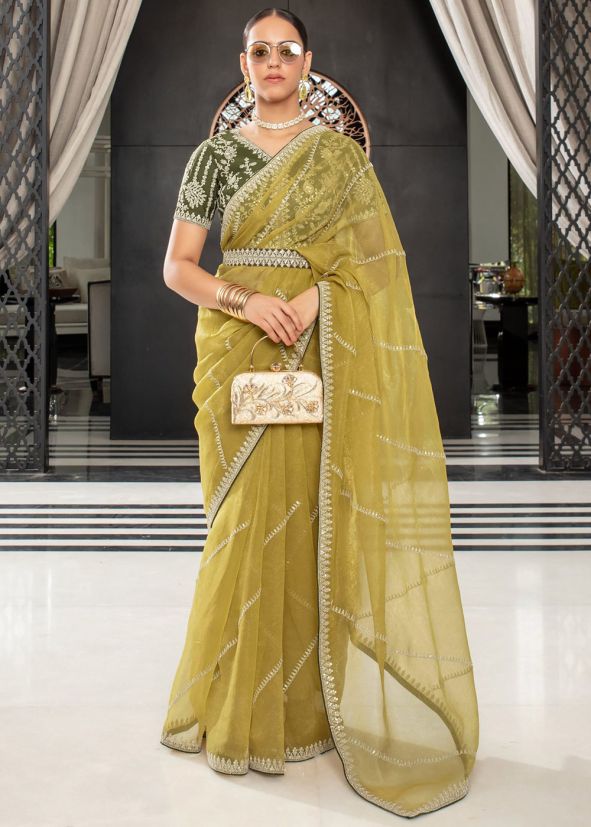 Yellow Thread Embroidered Organza Saree