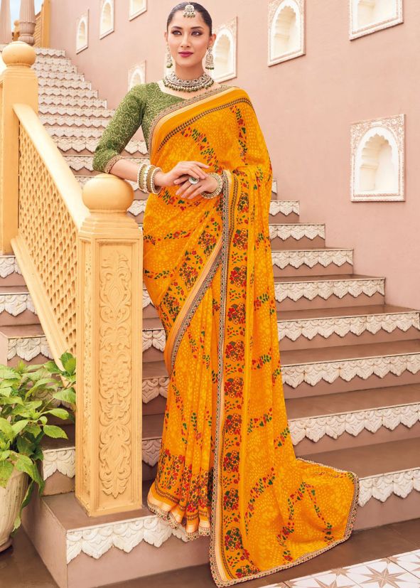 Yellow Printed Saree In Georgette