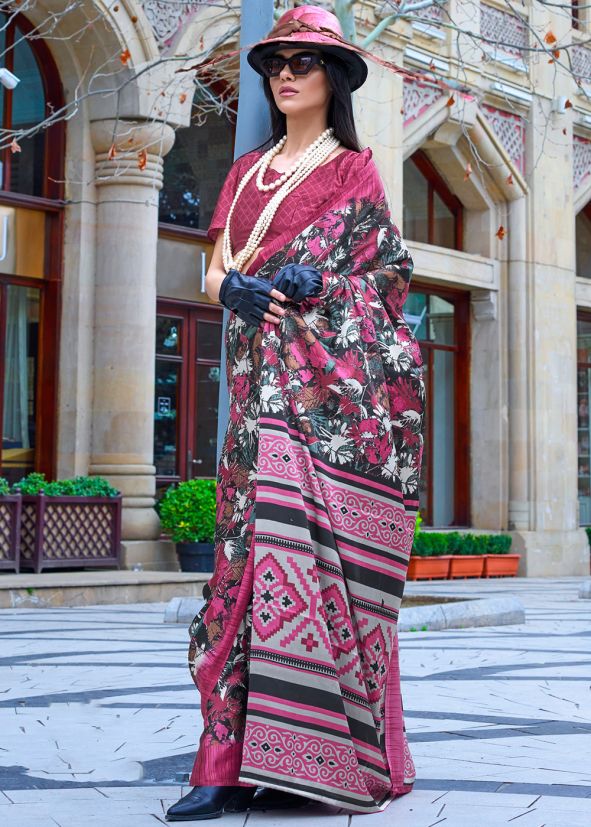 Multicolor Digital Printed Saree In Satin