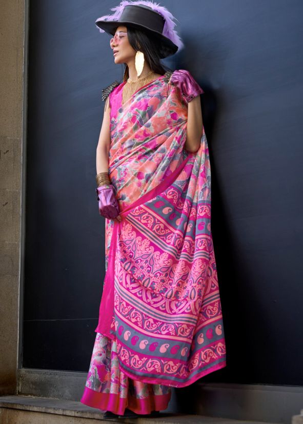 Multicolor Digital Printed Saree In Satin