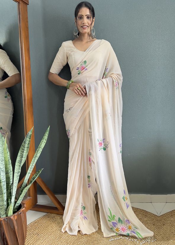 Off-White Floral Print Georgette Saree