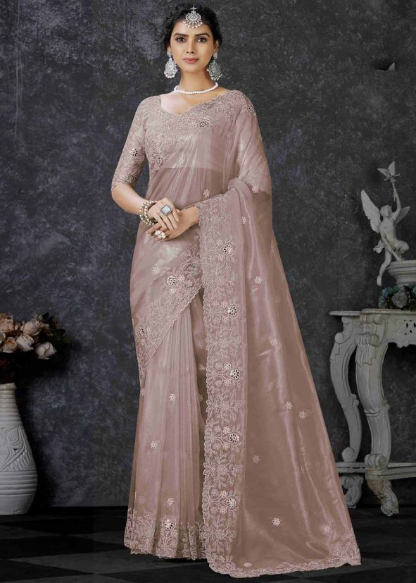 Pink Embroidered Tissue Silk Saree