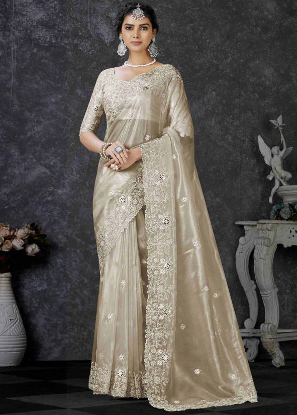 Beige Embroidered Saree In Tissue