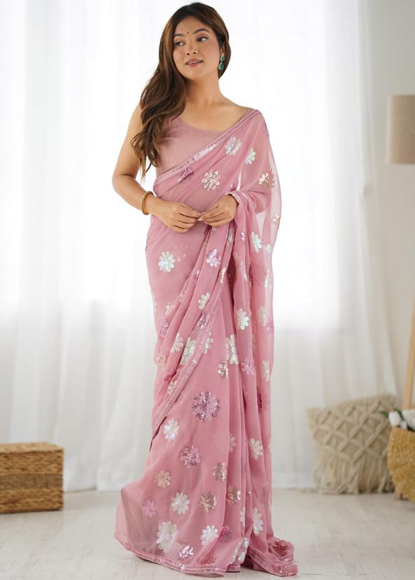 Pink Sequins Work Saree In Georgette