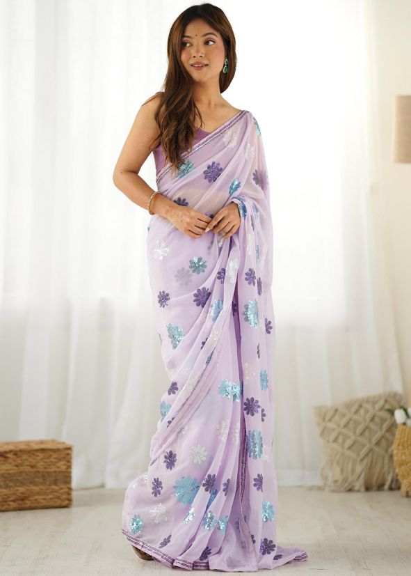 Lavender Purple Sequins Work Georgette Saree