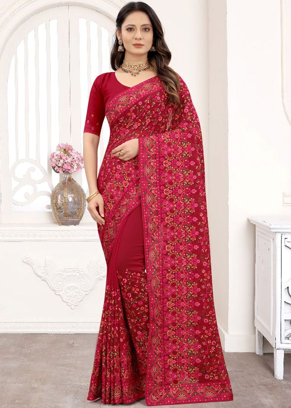 Maroon Resham Embroidered Georgette Saree