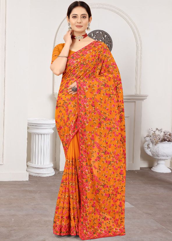 Resham Work Mustard Yellow Georgette Saree