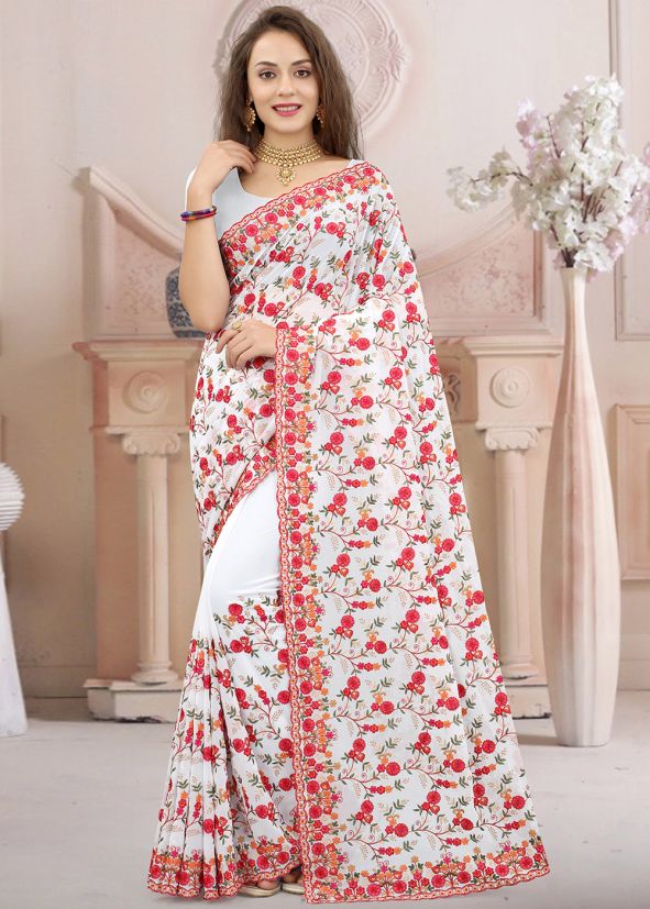 White Resham Work Saree In Georgette