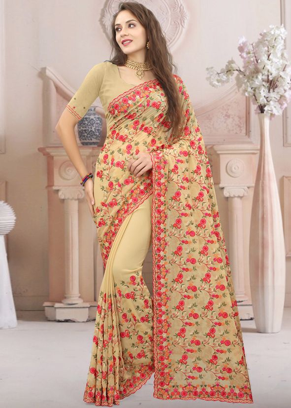 Beige Georgette Resham Work Saree