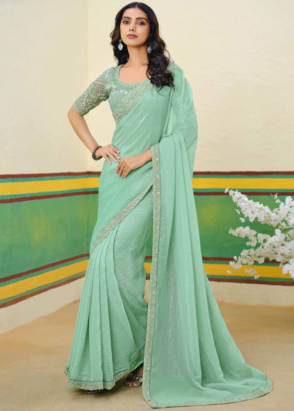 Turquoise Shimmer Saree With Embroidered Border