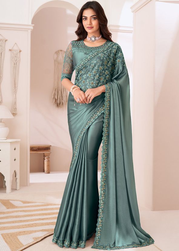 Green Sequins Work Saree In Satin