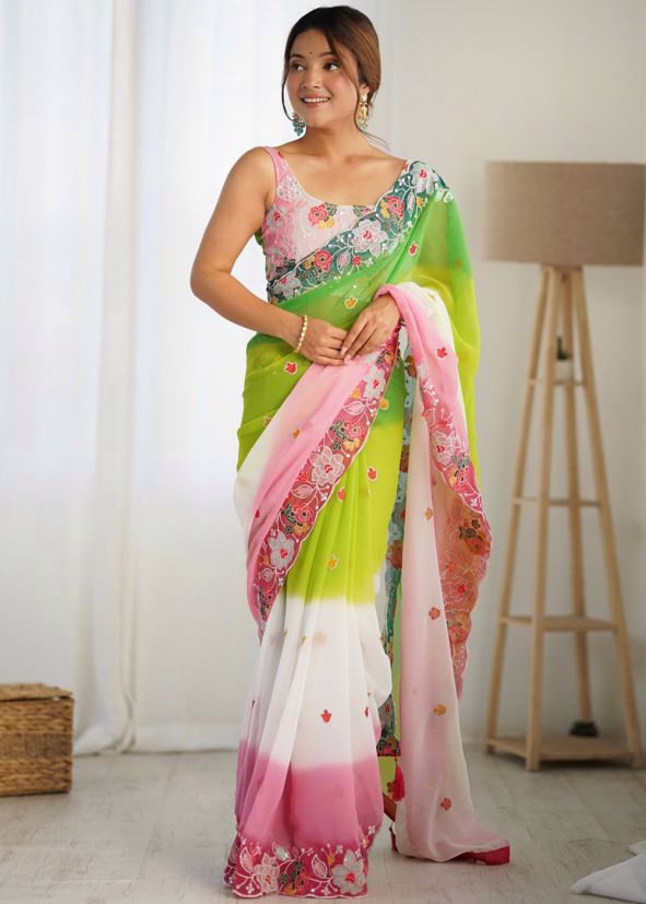 Multicolored Georgette Saree In Thread Embroidery