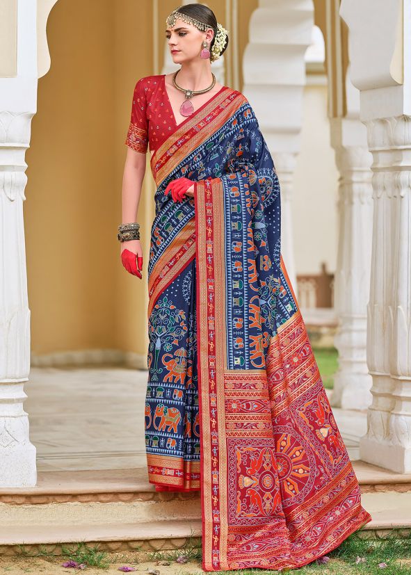 Blue Printed Saree In Silk