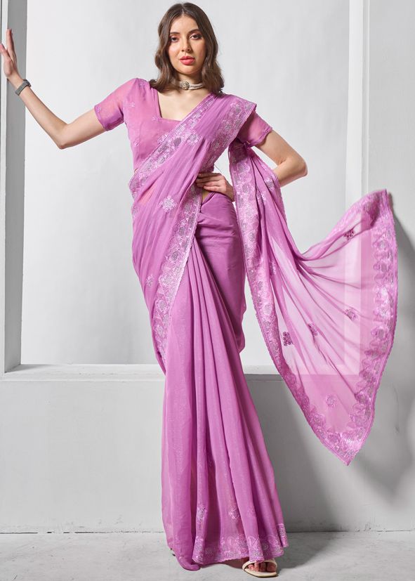 Purple Embroidered Chiffon Saree