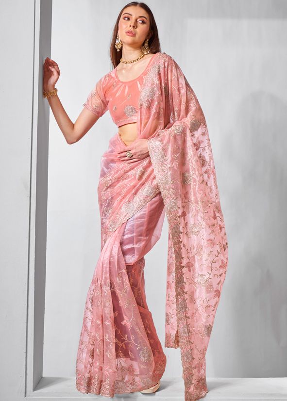 Peach Embroidered Saree In Tissue