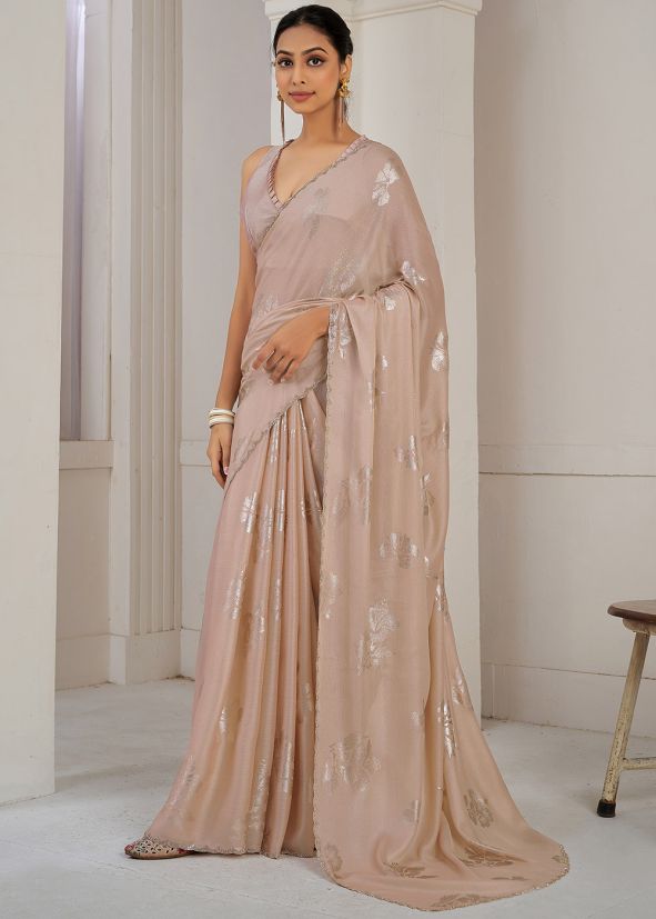 Beige Foil Print Satin Saree