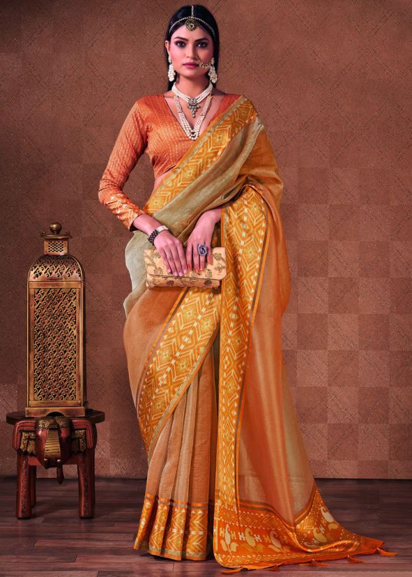 Yellow Printed Saree In Silk