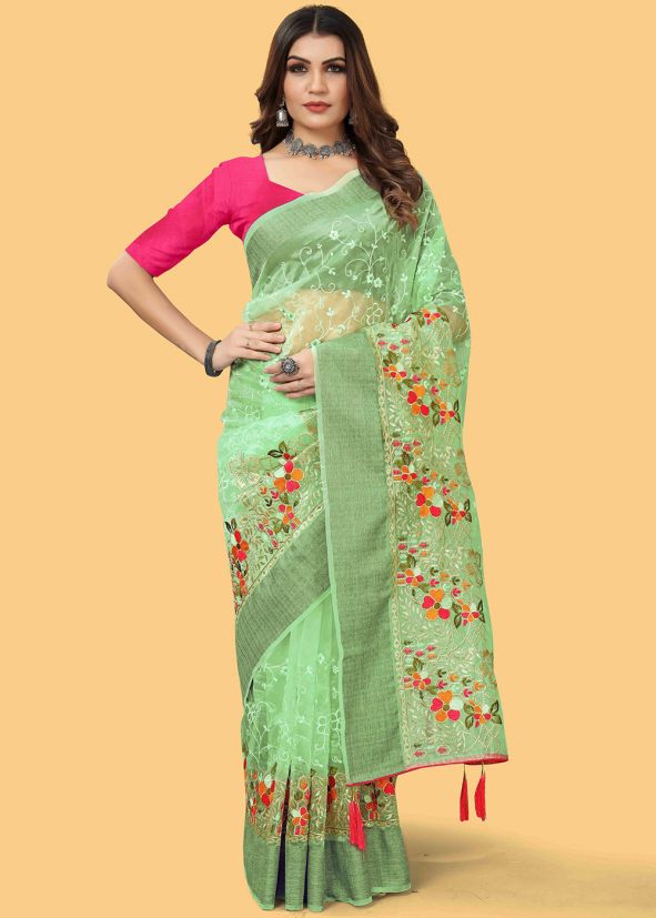 Green Organza Thread Embroidered Saree