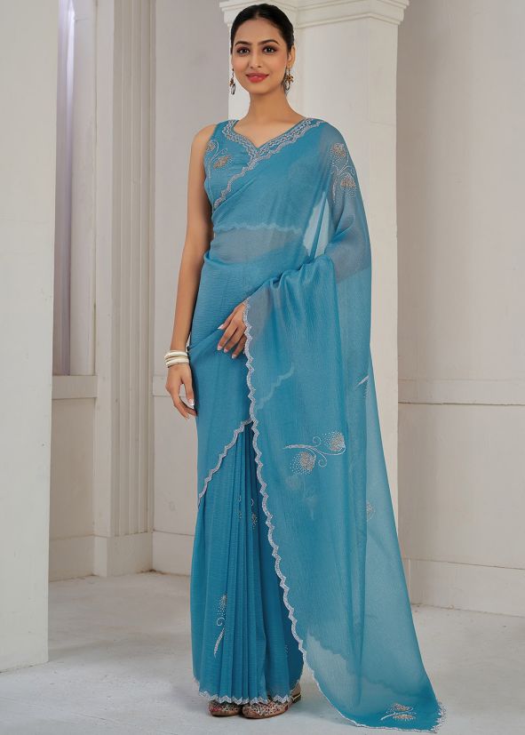 Blue Silk Saree In Stone Work