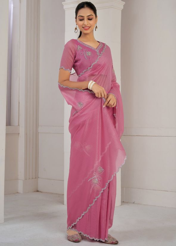 Pink Stone Work Saree In Silk