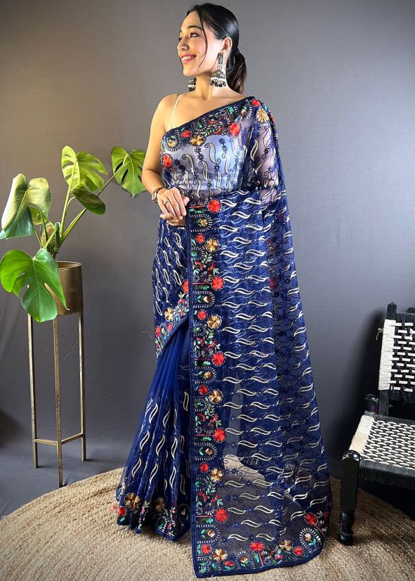 Blue Embroidered Net Saree With Blouse