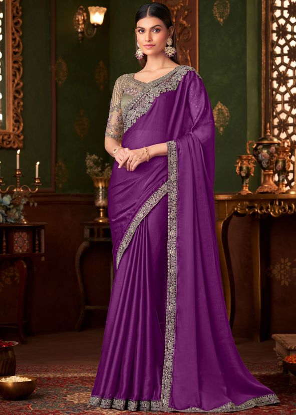 Purple Embroidered Chiffon Saree