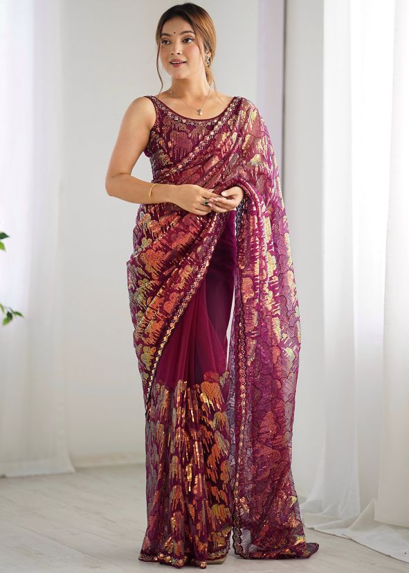 Net Sequins Embellished Wine Saree