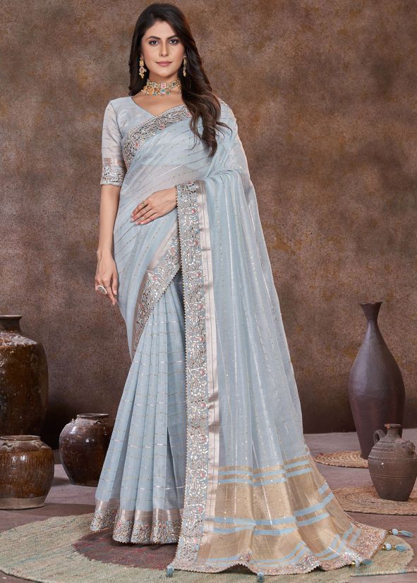 Blue Thread Embroidered Organza Saree