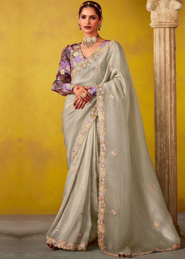 Grey Embroidered Silk Saree