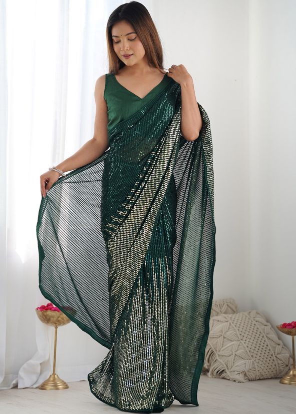 Dark Green Sequins Work Georgette Saree