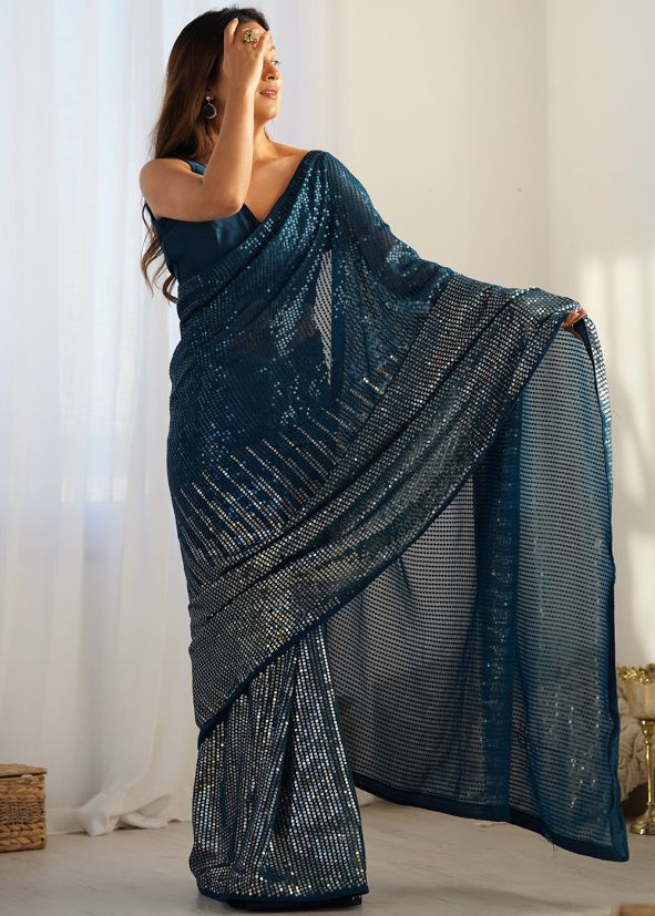 Teal Blue Georgette Saree In Sequin Work