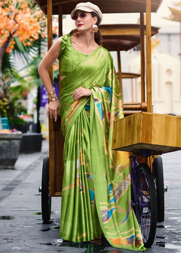 Green Satin Saree In Print