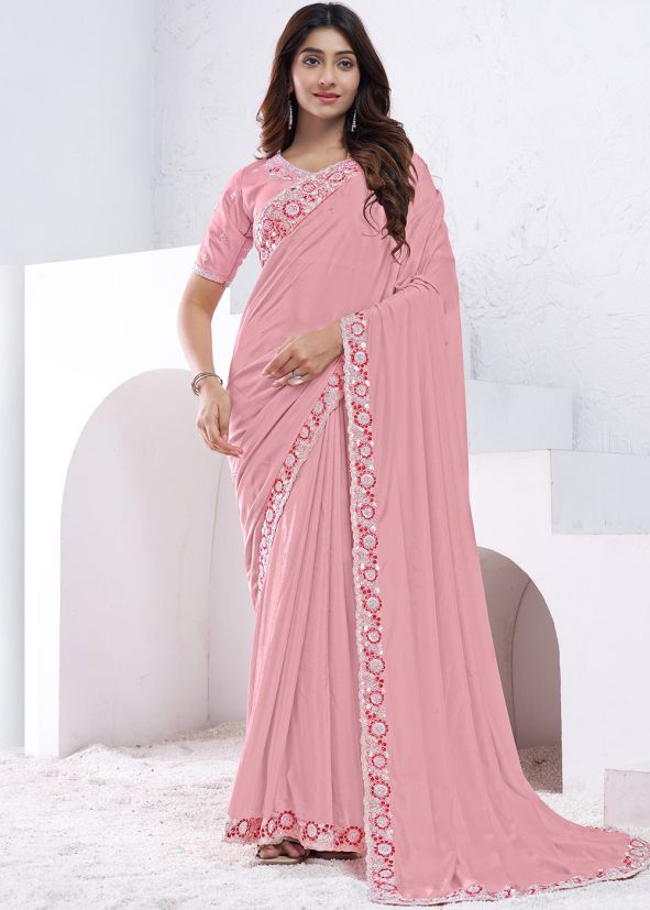 Light Pink Embroidered Border Silk Saree