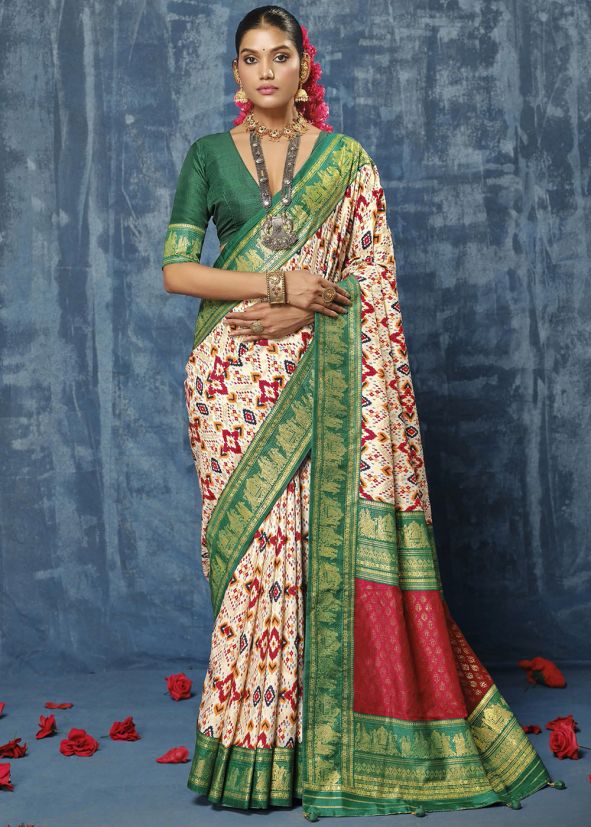 Cream Printed Saree In Silk