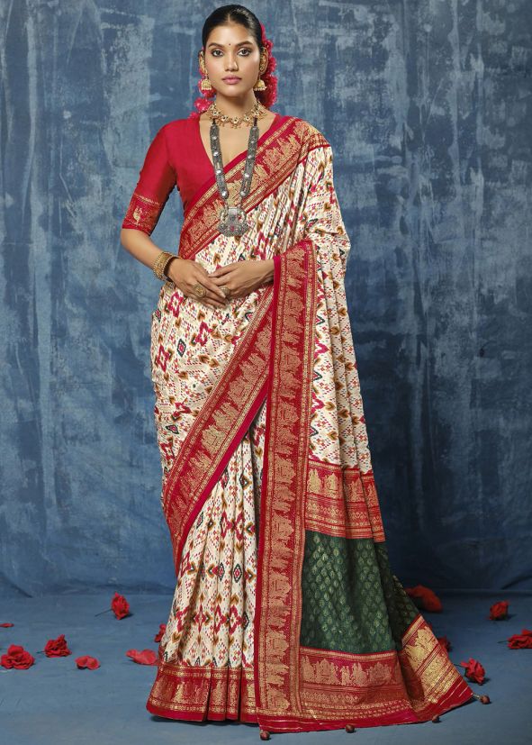 Cream Printed Silk Saree