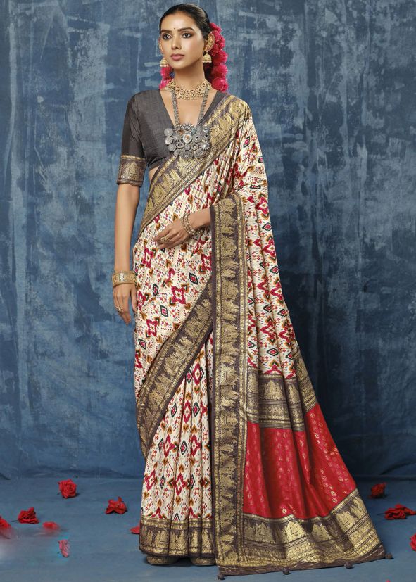 Cream Printed Silk Saree