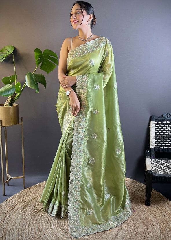 Green Embroidered Tissue Silk Saree