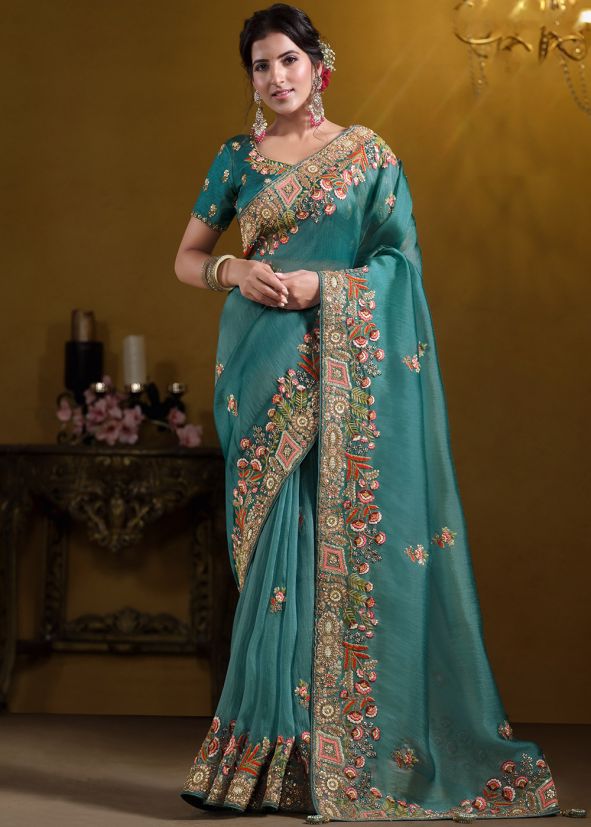 Blue Embroidered Border Tissue Saree