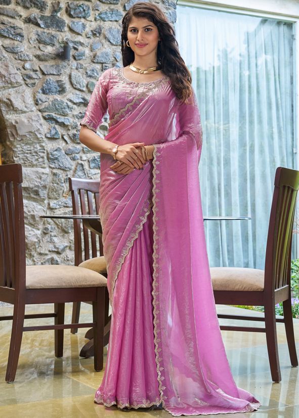 Pink Stone Work Saree In Chiffon