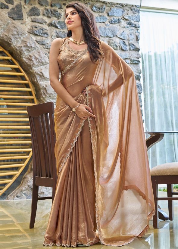 Brown Stone Work Chiffon Saree