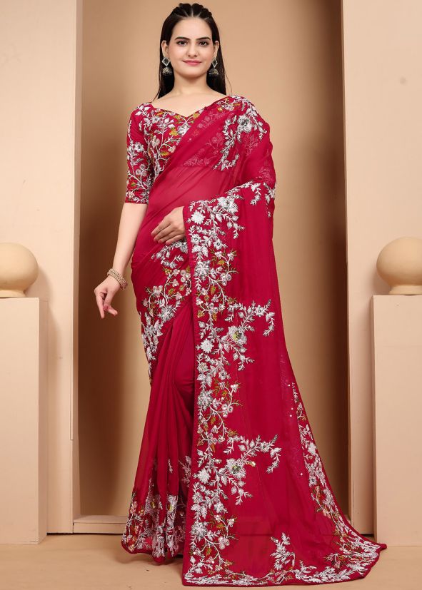 Red Embroidered Border Organza Saree