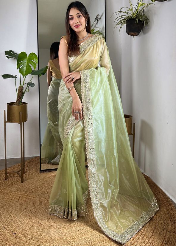 Green Embroidered Tissue Silk Saree