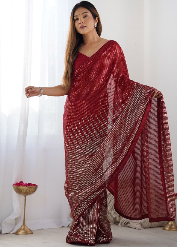 Sequinned Georgette Saree In Red