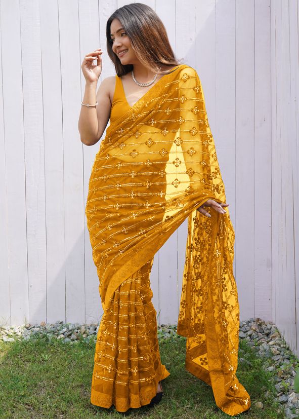 Yellow Embroidered Net Saree