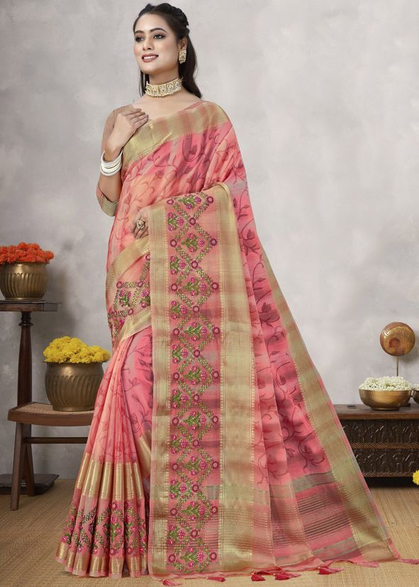 Pink Embroidered Silk Saree